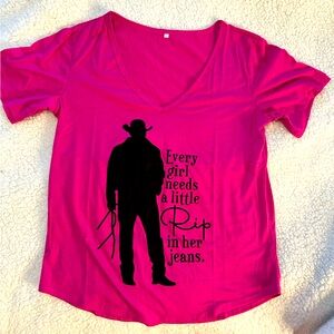 Women’s SMALL fuchsia v-neck shirt with “Rip” from Yellowstone